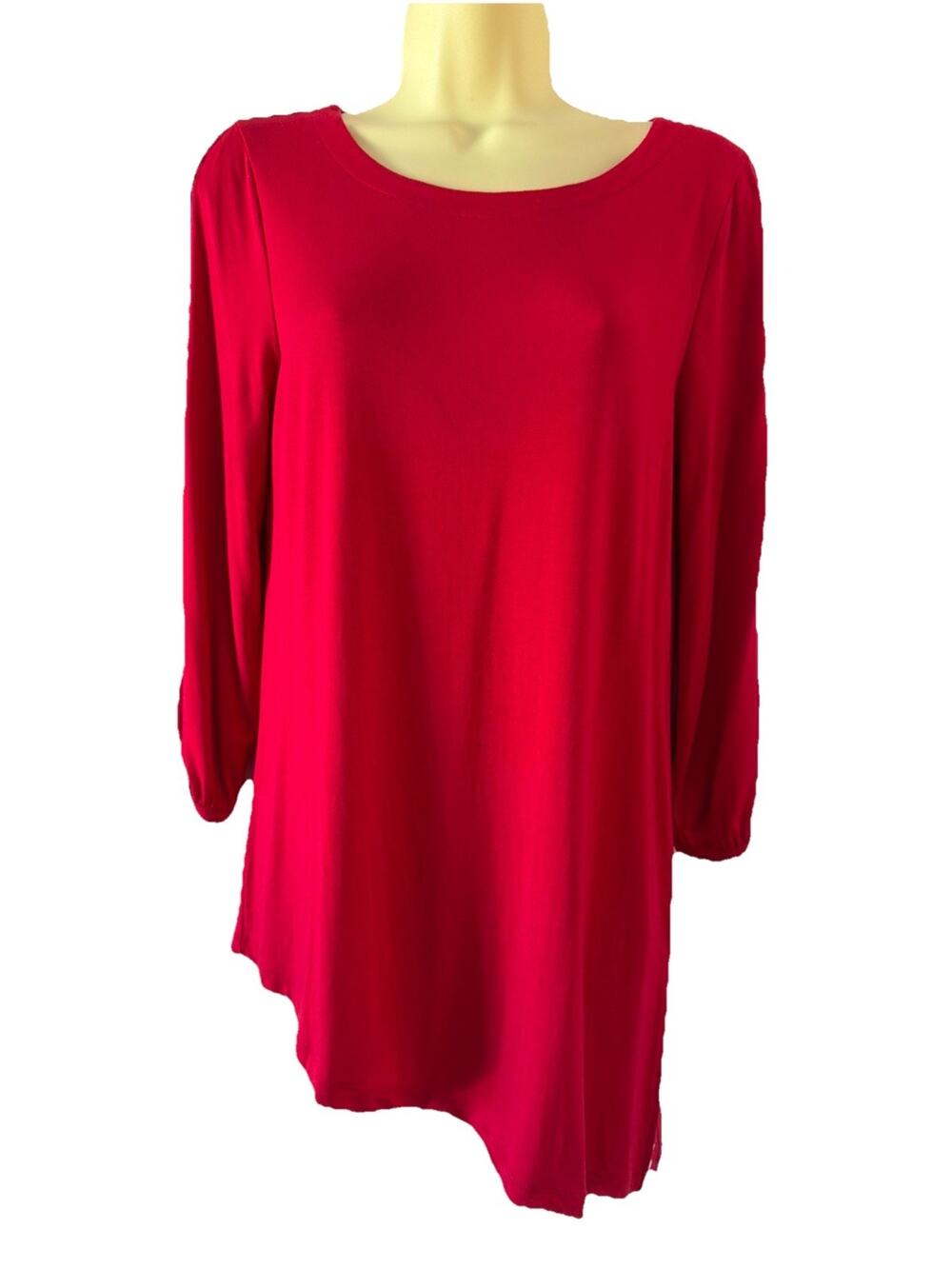 Cable and Gauge 3/4 Sleeve Red Knit Tunic Blouse Top Asymmetrical Size M